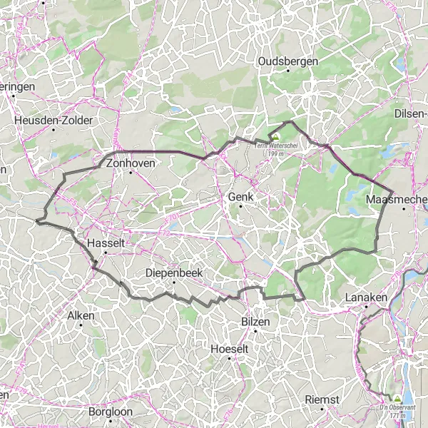 Map miniature of "Zonhoven and As Exploration" cycling inspiration in Prov. Limburg (BE), Belgium. Generated by Tarmacs.app cycling route planner