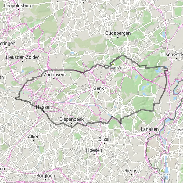 Map miniature of "Kermt and surroundings" cycling inspiration in Prov. Limburg (BE), Belgium. Generated by Tarmacs.app cycling route planner