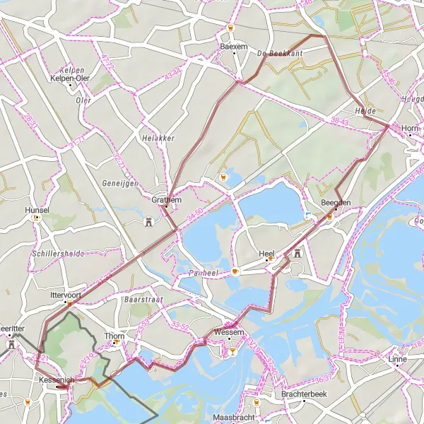 Map miniature of "Scenic Gravel Route through Grathem, Heel, and Thorn" cycling inspiration in Prov. Limburg (BE), Belgium. Generated by Tarmacs.app cycling route planner