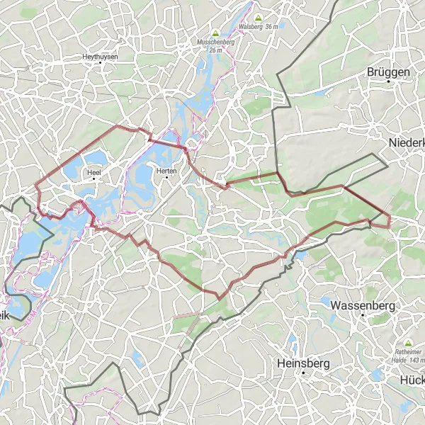 Map miniature of "Challenging Gravel Route through Thorn, Roermond, Dalheim, Uitzichttoren, Vlodrop, Montfort, and Wessem" cycling inspiration in Prov. Limburg (BE), Belgium. Generated by Tarmacs.app cycling route planner