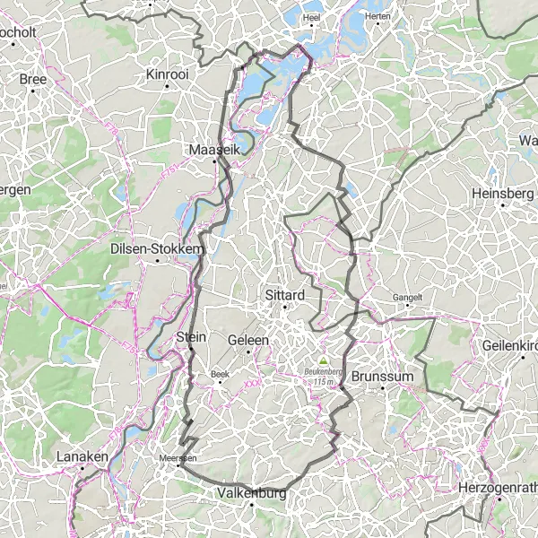 Miniature de la carte de l'inspiration cycliste "Aventure en vélo de route aux alentours de Kessenich" dans la Prov. Limburg (BE), Belgium. Générée par le planificateur d'itinéraire cycliste Tarmacs.app