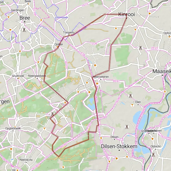 Miniature de la carte de l'inspiration cycliste "Exploration gravel de Neeroeteren à Kinrooi" dans la Prov. Limburg (BE), Belgium. Générée par le planificateur d'itinéraire cycliste Tarmacs.app