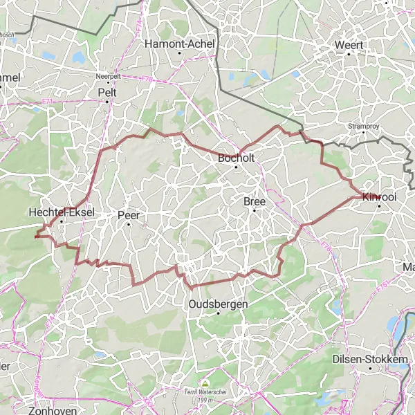Miniature de la carte de l'inspiration cycliste "Gravel Tour to Kinrooi" dans la Prov. Limburg (BE), Belgium. Générée par le planificateur d'itinéraire cycliste Tarmacs.app