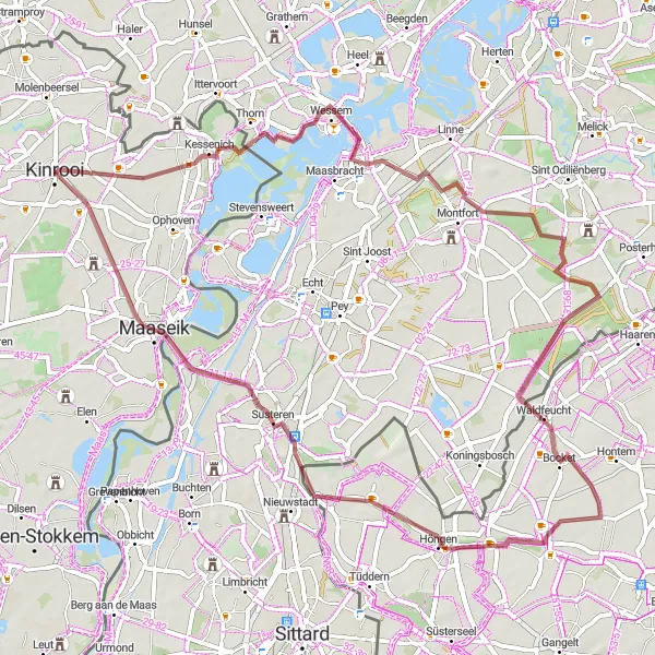 Miniatuurkaart van de fietsinspiratie "Ontdekkingstocht door het natuurschoon van Kinrooi" in Prov. Limburg (BE), Belgium. Gemaakt door de Tarmacs.app fietsrouteplanner