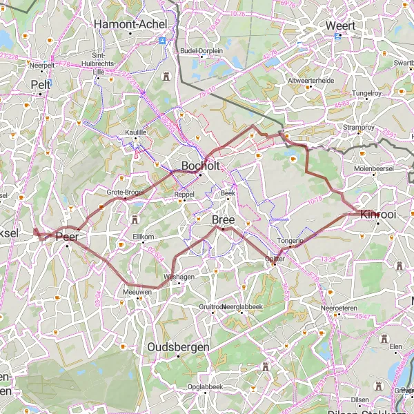 Miniatuurkaart van de fietsinspiratie "Avontuurlijke graveltocht rond Kinrooi" in Prov. Limburg (BE), Belgium. Gemaakt door de Tarmacs.app fietsrouteplanner