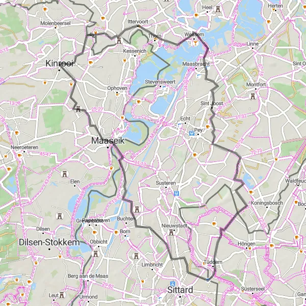 Map miniature of "Scenic Road Ride near Kinrooi" cycling inspiration in Prov. Limburg (BE), Belgium. Generated by Tarmacs.app cycling route planner