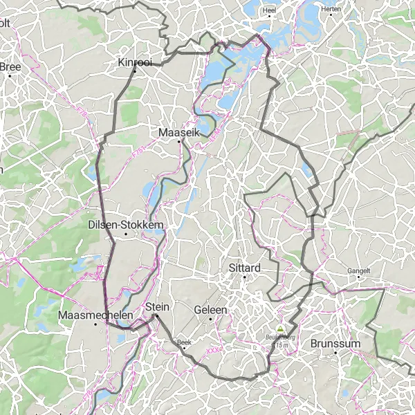 Map miniature of "Epic Road Challenge in Kinrooi" cycling inspiration in Prov. Limburg (BE), Belgium. Generated by Tarmacs.app cycling route planner