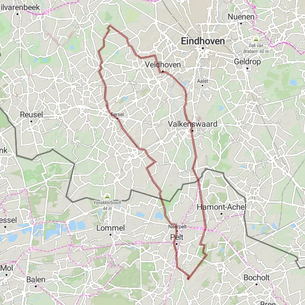 Map miniature of "Gravel Discovery to Overpelt and Achel" cycling inspiration in Prov. Limburg (BE), Belgium. Generated by Tarmacs.app cycling route planner