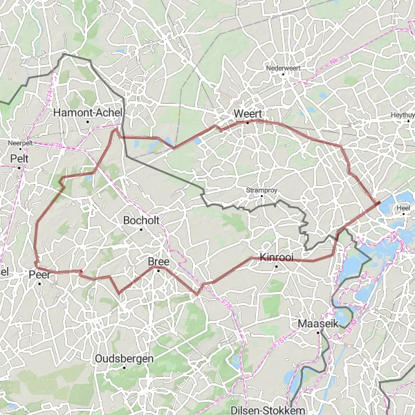 Map miniature of "The Gravel Adventure: Budel-Dorplein to Peer" cycling inspiration in Prov. Limburg (BE), Belgium. Generated by Tarmacs.app cycling route planner