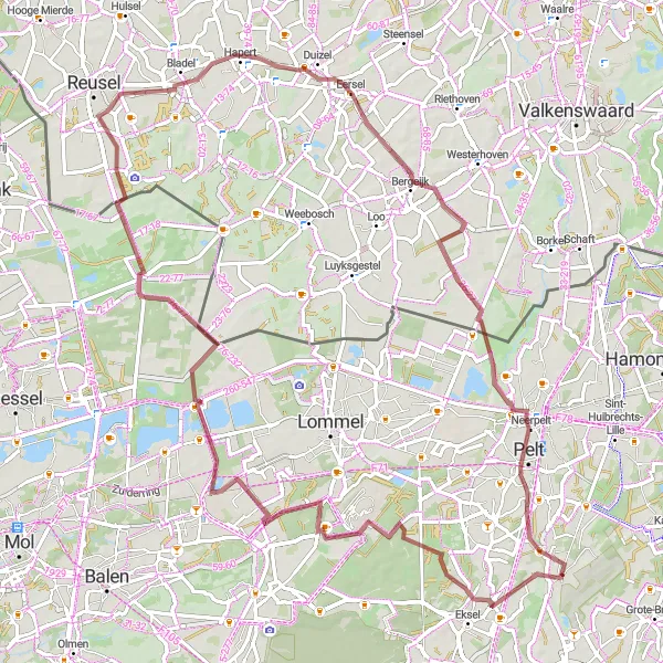 Map miniature of "Nature's Wonders: Stevensvennen to Overpelt" cycling inspiration in Prov. Limburg (BE), Belgium. Generated by Tarmacs.app cycling route planner