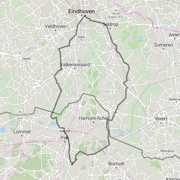 Karten-Miniaturansicht der Radinspiration "Erlebnisreiche Radtour durch Eindhoven" in Prov. Limburg (BE), Belgium. Erstellt vom Tarmacs.app-Routenplaner für Radtouren