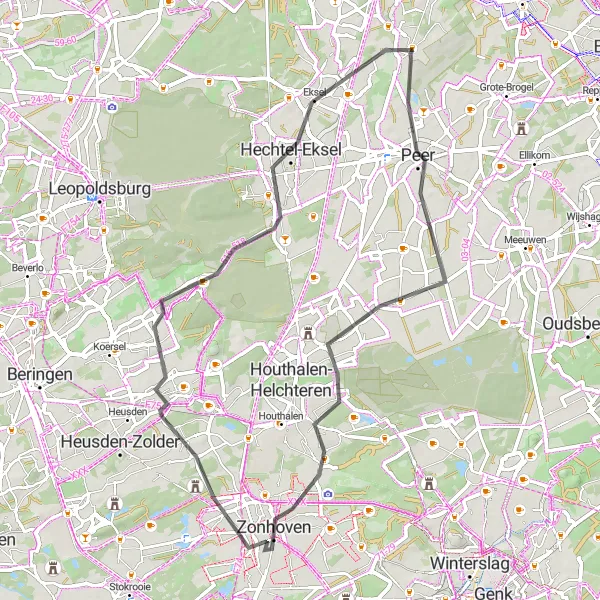 Map miniature of "Road Adventure to Peer and Zolder" cycling inspiration in Prov. Limburg (BE), Belgium. Generated by Tarmacs.app cycling route planner