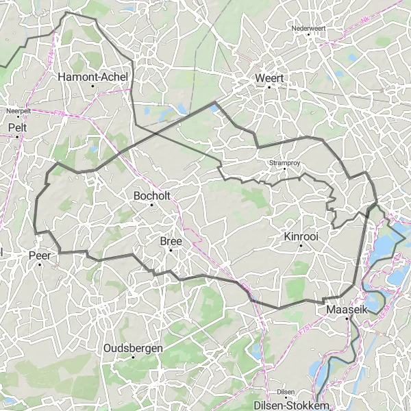 Map miniature of "Historical Road Journey: Kaulille to Ellikom" cycling inspiration in Prov. Limburg (BE), Belgium. Generated by Tarmacs.app cycling route planner