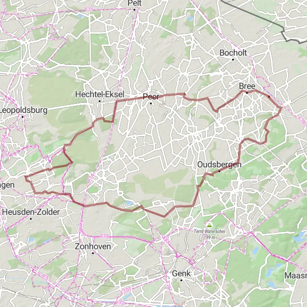 Miniature de la carte de l'inspiration cycliste "Parcours Gravel à travers le Limbourg Belge" dans la Prov. Limburg (BE), Belgium. Générée par le planificateur d'itinéraire cycliste Tarmacs.app