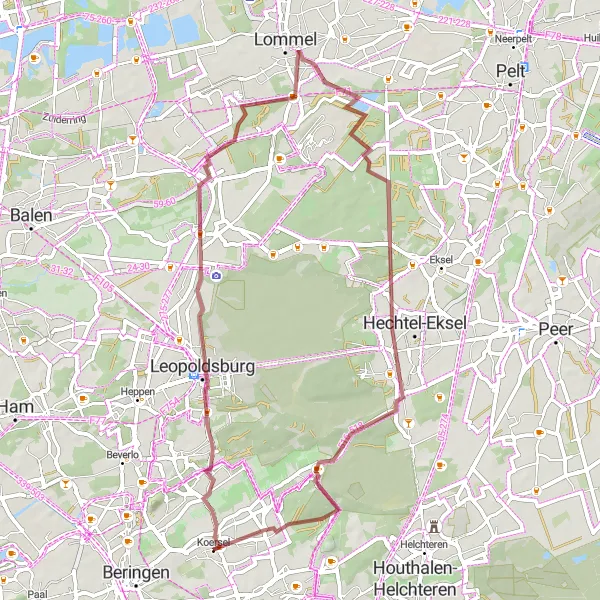 Karten-Miniaturansicht der Radinspiration "Gravel-Abenteuer von Leopoldsburg nach Uitkijktoren" in Prov. Limburg (BE), Belgium. Erstellt vom Tarmacs.app-Routenplaner für Radtouren