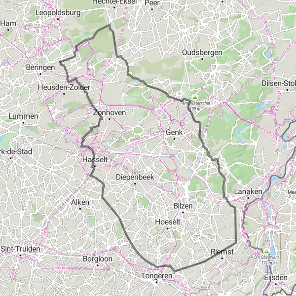 Map miniature of "Koersel Loop" cycling inspiration in Prov. Limburg (BE), Belgium. Generated by Tarmacs.app cycling route planner