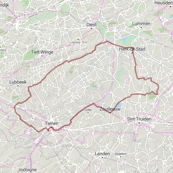 Map miniature of "Gravel Adventure to Wijer and Meensel" cycling inspiration in Prov. Limburg (BE), Belgium. Generated by Tarmacs.app cycling route planner