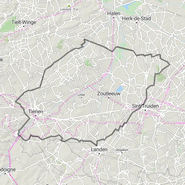 Miniatuurkaart van de fietsinspiratie "Limburgse Wegenronde van 77 km" in Prov. Limburg (BE), Belgium. Gemaakt door de Tarmacs.app fietsrouteplanner