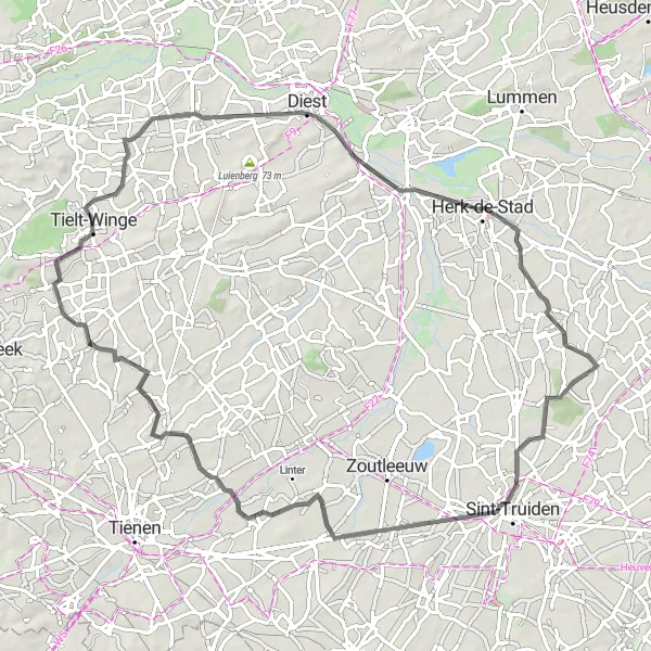 Karten-Miniaturansicht der Radinspiration "Rundtour Kozen-Herk-de-Stad" in Prov. Limburg (BE), Belgium. Erstellt vom Tarmacs.app-Routenplaner für Radtouren