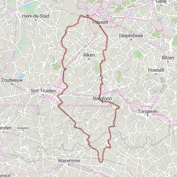 Miniatuurkaart van de fietsinspiratie "Kuringen - Wellen - Burcht van Loon - Middelheers - Kasteel van Kortenbos - Stevoort" in Prov. Limburg (BE), Belgium. Gemaakt door de Tarmacs.app fietsrouteplanner