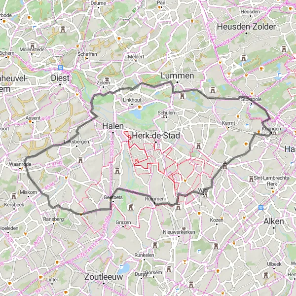 Miniature de la carte de l'inspiration cycliste "Circuit pittoresque de 60 km autour de Kuringen" dans la Prov. Limburg (BE), Belgium. Générée par le planificateur d'itinéraire cycliste Tarmacs.app
