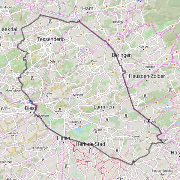 Map miniature of "Herk-de-Stad Loop" cycling inspiration in Prov. Limburg (BE), Belgium. Generated by Tarmacs.app cycling route planner