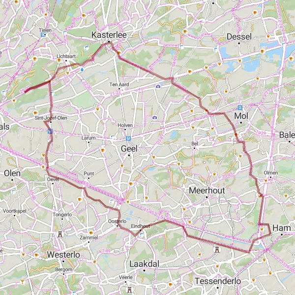 Map miniature of "Challenging gravel loop through Kwaadmechelen" cycling inspiration in Prov. Limburg (BE), Belgium. Generated by Tarmacs.app cycling route planner