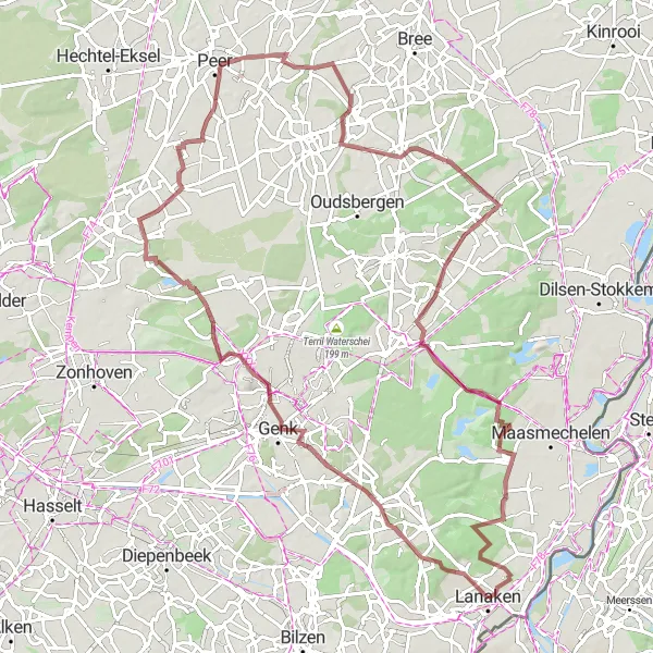 Miniatuurkaart van de fietsinspiratie "Avontuurlijke graveltocht door Belgisch Limburg" in Prov. Limburg (BE), Belgium. Gemaakt door de Tarmacs.app fietsrouteplanner