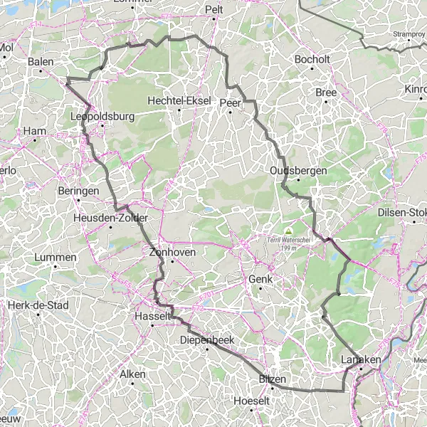 Karten-Miniaturansicht der Radinspiration "Uitkijktoren Borreberg und Diepenbeek Straßentour" in Prov. Limburg (BE), Belgium. Erstellt vom Tarmacs.app-Routenplaner für Radtouren