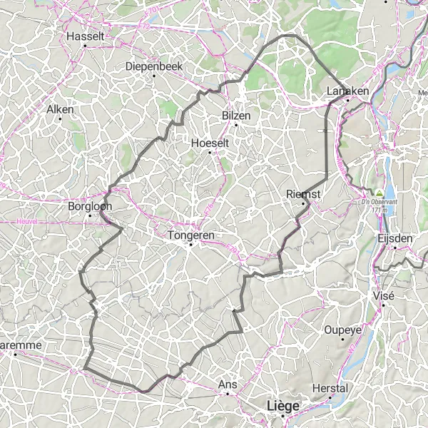 Map miniature of "Landmark 11 Road Cycling Route" cycling inspiration in Prov. Limburg (BE), Belgium. Generated by Tarmacs.app cycling route planner