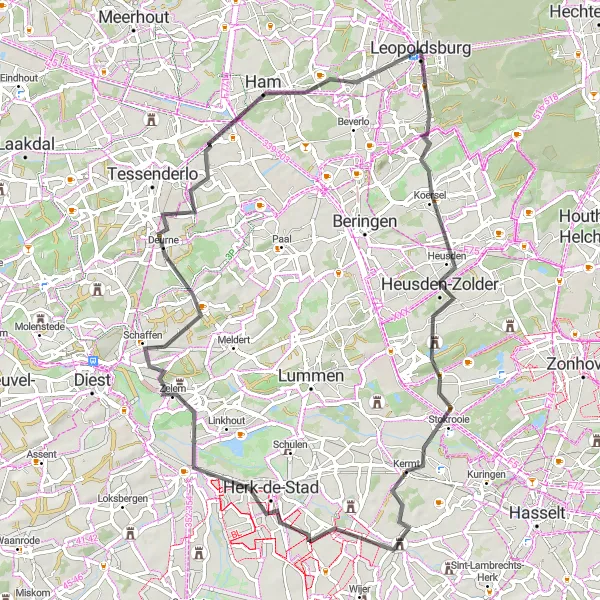 Miniatuurkaart van de fietsinspiratie "Dorpen en vergezichten route" in Prov. Limburg (BE), Belgium. Gemaakt door de Tarmacs.app fietsrouteplanner