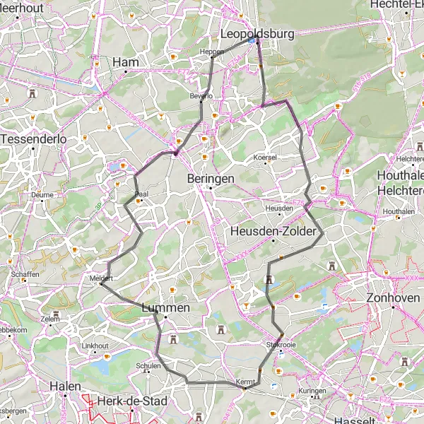 Miniature de la carte de l'inspiration cycliste "Parcours routier de Leopoldsburg à Heppen" dans la Prov. Limburg (BE), Belgium. Générée par le planificateur d'itinéraire cycliste Tarmacs.app