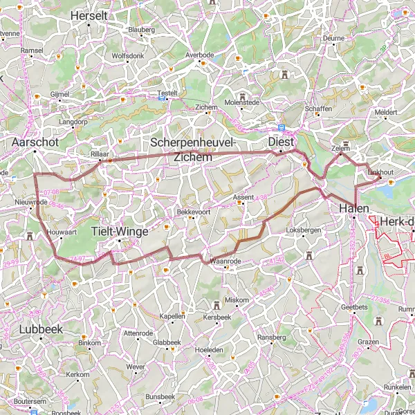 Karten-Miniaturansicht der Radinspiration "Graveltour nach Scherpenheuvel-Zichem" in Prov. Limburg (BE), Belgium. Erstellt vom Tarmacs.app-Routenplaner für Radtouren