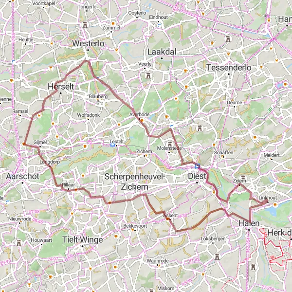 Map miniature of "Challenging Gravel Expedition" cycling inspiration in Prov. Limburg (BE), Belgium. Generated by Tarmacs.app cycling route planner