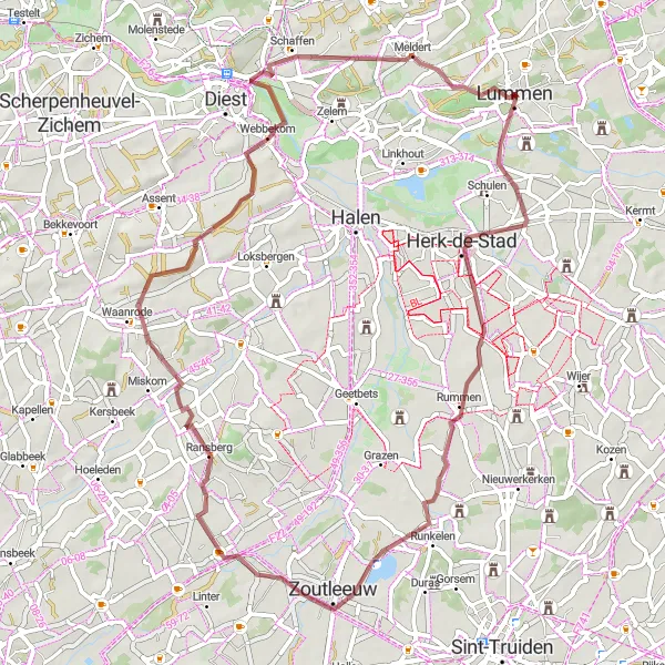 Map miniature of "Gravel Adventure: Lummen Loop" cycling inspiration in Prov. Limburg (BE), Belgium. Generated by Tarmacs.app cycling route planner