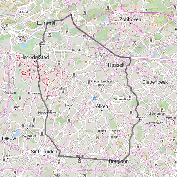 Map miniature of "Scenic Road Tour with Cultural Gems" cycling inspiration in Prov. Limburg (BE), Belgium. Generated by Tarmacs.app cycling route planner