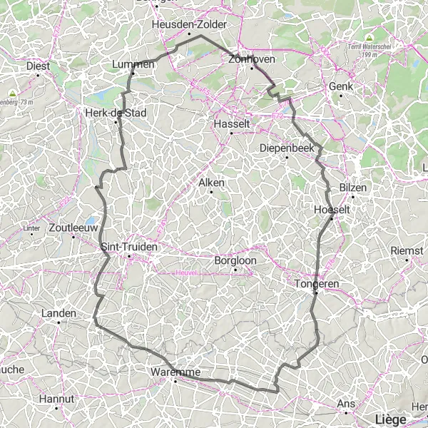 Map miniature of "Lummen to Oude Toren" cycling inspiration in Prov. Limburg (BE), Belgium. Generated by Tarmacs.app cycling route planner