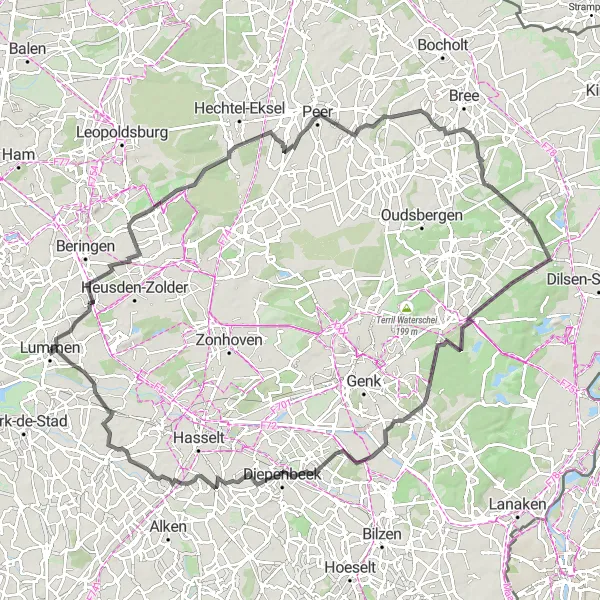 Map miniature of "Lummen to Kasteel De Burg" cycling inspiration in Prov. Limburg (BE), Belgium. Generated by Tarmacs.app cycling route planner