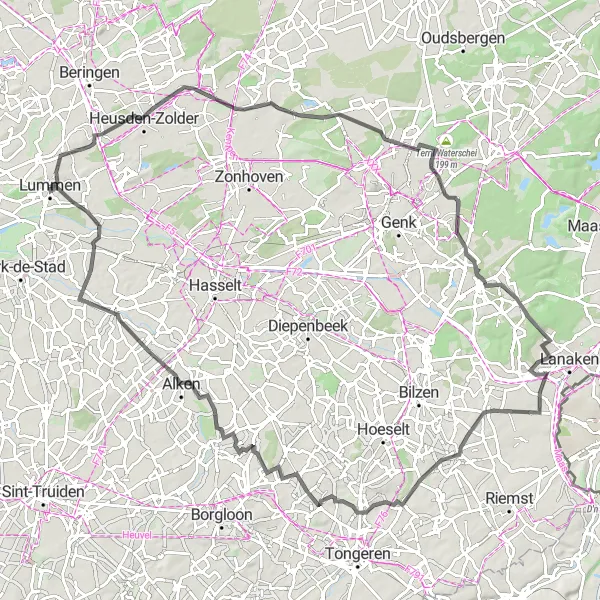 Miniature de la carte de l'inspiration cycliste "Le Circuit des Châteaux et des Vignobles" dans la Prov. Limburg (BE), Belgium. Générée par le planificateur d'itinéraire cycliste Tarmacs.app