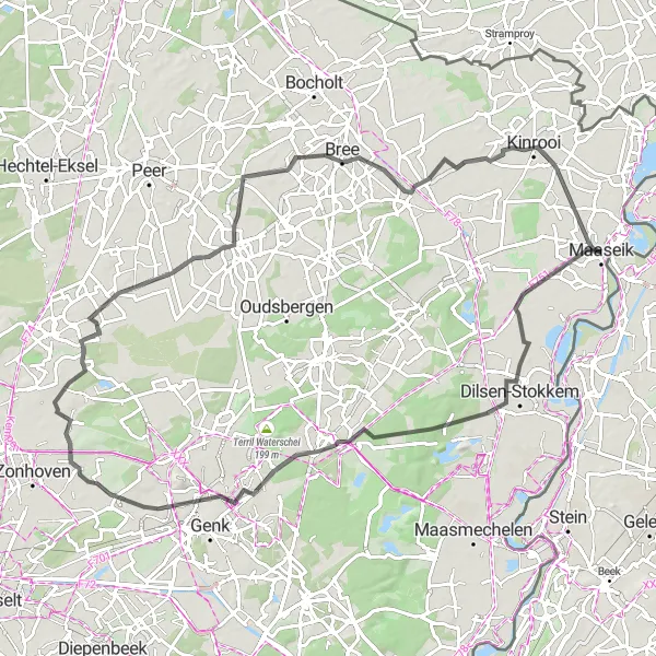 Miniatuurkaart van de fietsinspiratie "Wegroute Maaseik - Dilsen-Stokkem - As - Kinrooi - Ellikom - Kinrooi" in Prov. Limburg (BE), Belgium. Gemaakt door de Tarmacs.app fietsrouteplanner