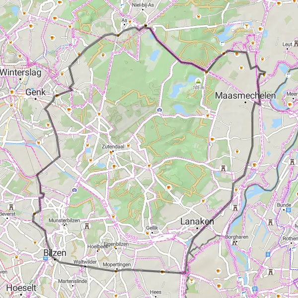 Map miniature of "Road Route - Neerharen Loop" cycling inspiration in Prov. Limburg (BE), Belgium. Generated by Tarmacs.app cycling route planner