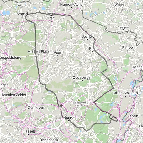Miniature de la carte de l'inspiration cycliste "Aventure à vélo sur route à ne pas manquer" dans la Prov. Limburg (BE), Belgium. Générée par le planificateur d'itinéraire cycliste Tarmacs.app
