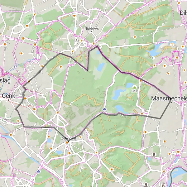 Map miniature of "Zutendaal Trail" cycling inspiration in Prov. Limburg (BE), Belgium. Generated by Tarmacs.app cycling route planner