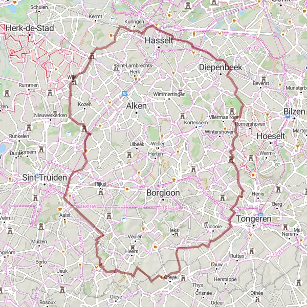 Miniatuurkaart van de fietsinspiratie "Verkenning van Kastelen en Kanalen" in Prov. Limburg (BE), Belgium. Gemaakt door de Tarmacs.app fietsrouteplanner