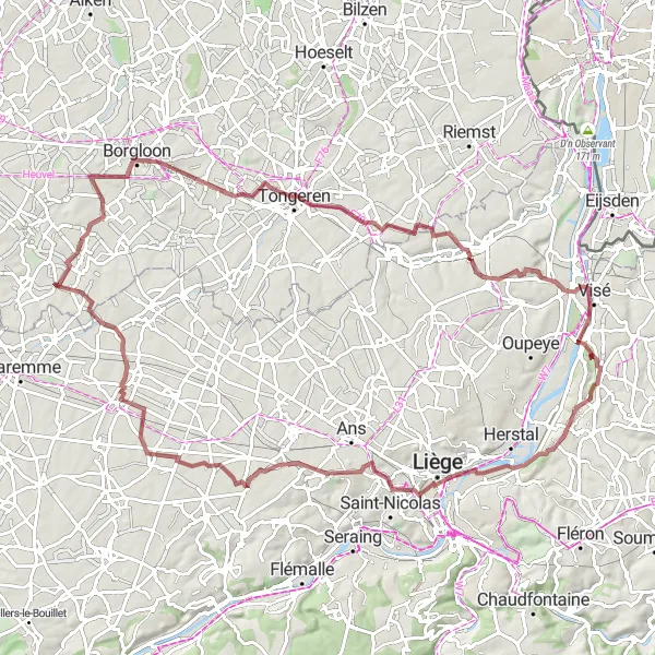 Map miniature of "Gutschoven - Hermalle-sous-Argenteau Gravel Adventure" cycling inspiration in Prov. Limburg (BE), Belgium. Generated by Tarmacs.app cycling route planner