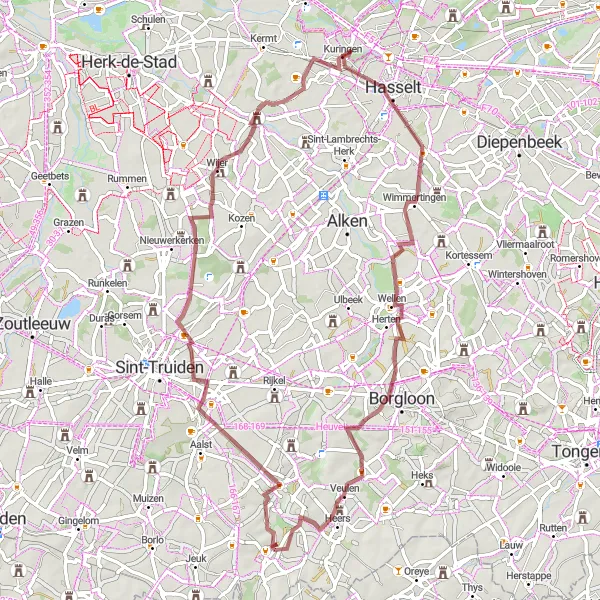 Map miniature of "Gravel Route 1" cycling inspiration in Prov. Limburg (BE), Belgium. Generated by Tarmacs.app cycling route planner