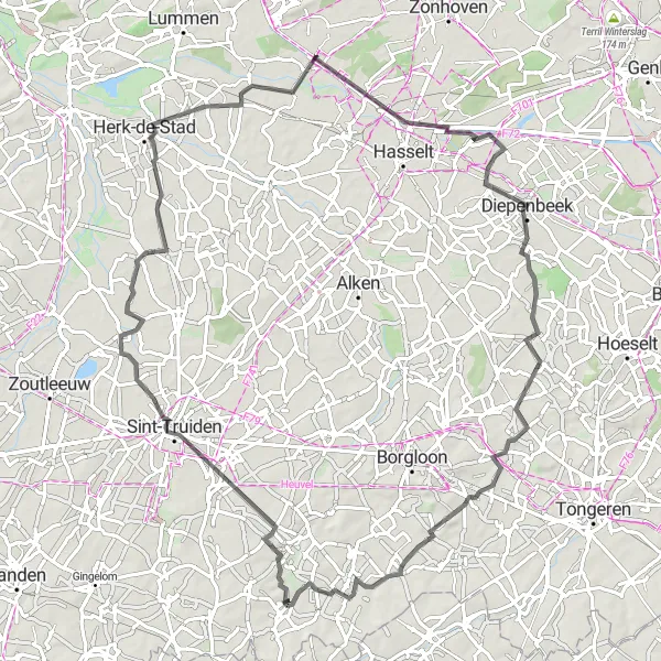 Karten-Miniaturansicht der Radinspiration "Gorsem und Vliermaalroot Road Cycling Loop" in Prov. Limburg (BE), Belgium. Erstellt vom Tarmacs.app-Routenplaner für Radtouren