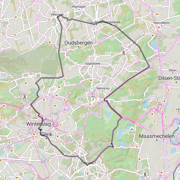 Miniatuurkaart van de fietsinspiratie "Heidelandschap en industriële erfgoedroute" in Prov. Limburg (BE), Belgium. Gemaakt door de Tarmacs.app fietsrouteplanner