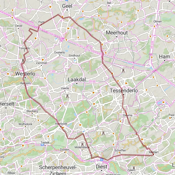 Map miniature of "Meldert to Tessenderlo Gravel Route" cycling inspiration in Prov. Limburg (BE), Belgium. Generated by Tarmacs.app cycling route planner
