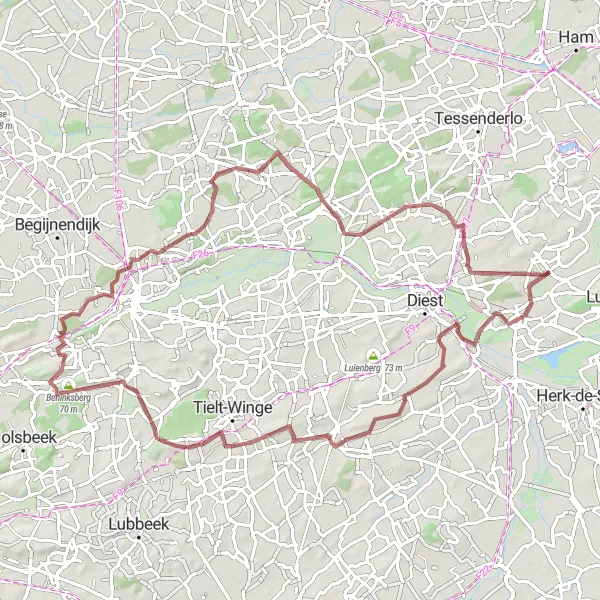 Miniature de la carte de l'inspiration cycliste "Parcours Aventureux à travers les Collines Limbourgeoises" dans la Prov. Limburg (BE), Belgium. Générée par le planificateur d'itinéraire cycliste Tarmacs.app